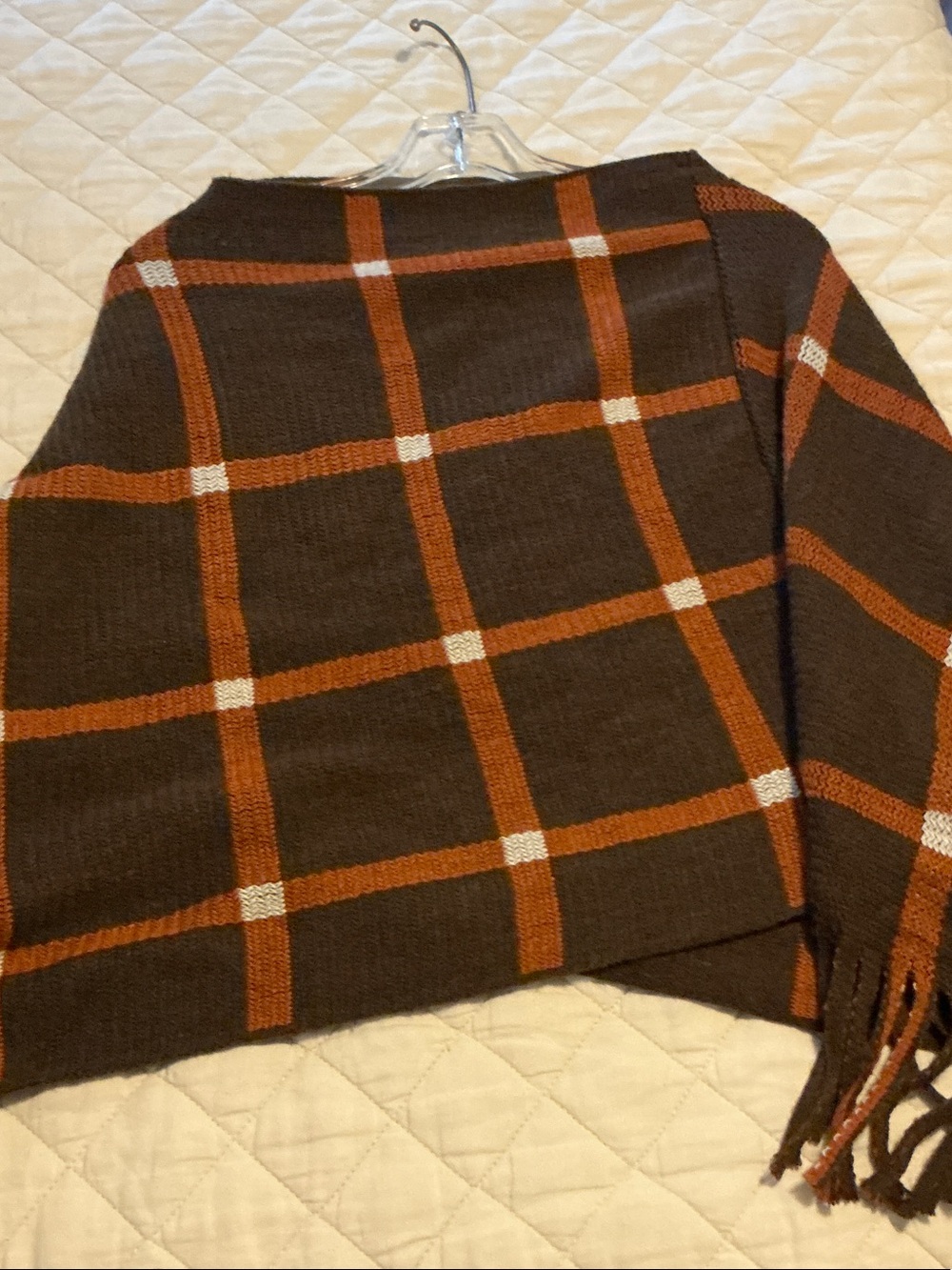 Sacred Threads Brown Plaid Poncho with Orange & Cream Accents